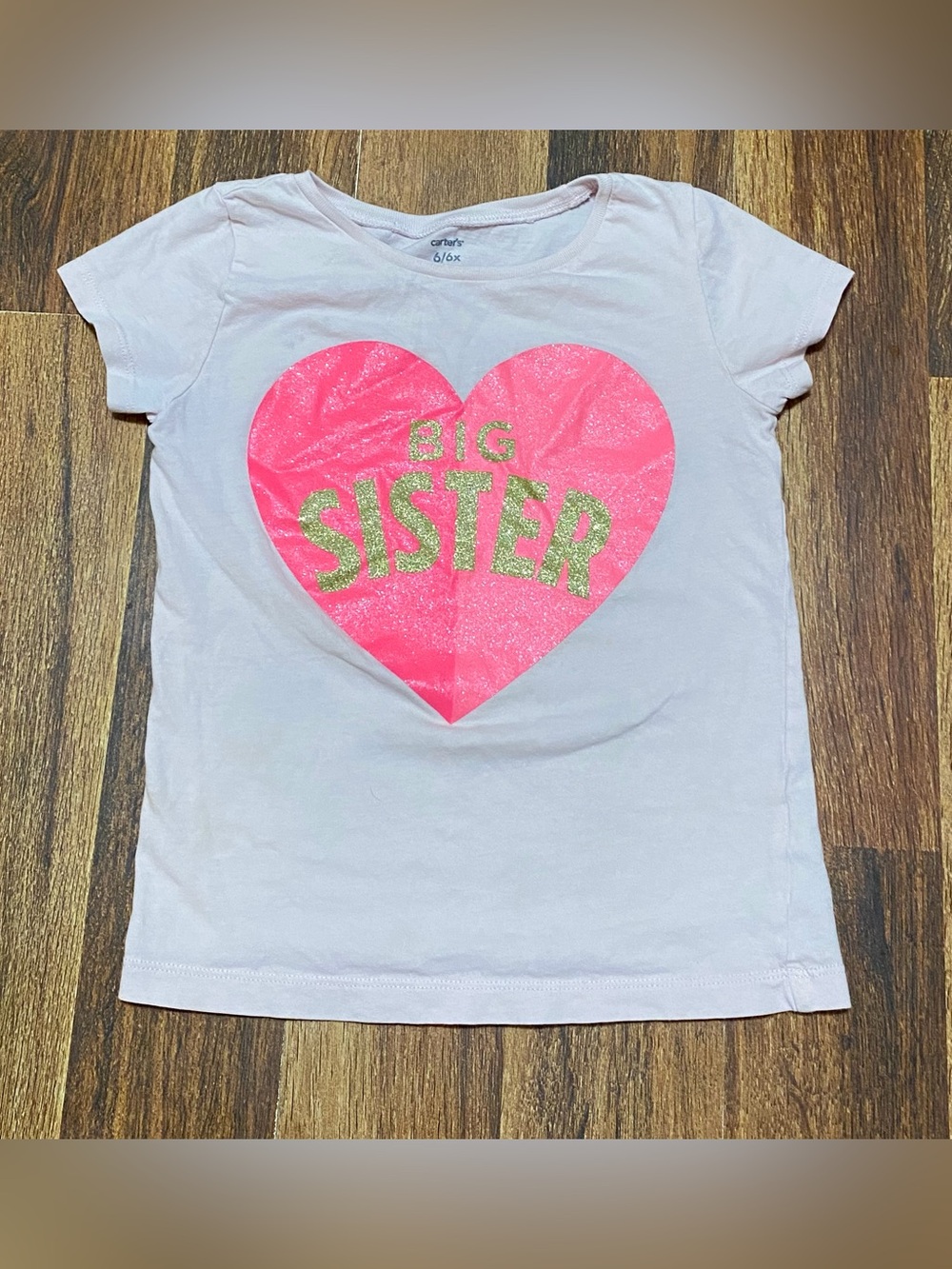 Carter's Light Pink Tee with Neon Pink Heart & Gold Glitter 'Big Sister' Graphic